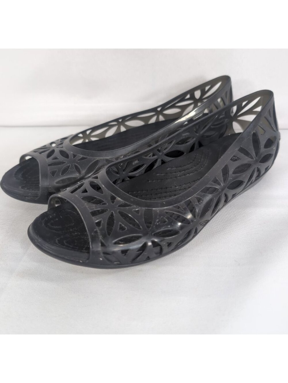 Crocs Isabella Jelly Flat Black Women 8 Shoes Peep Toe Floral Cut Out 204941